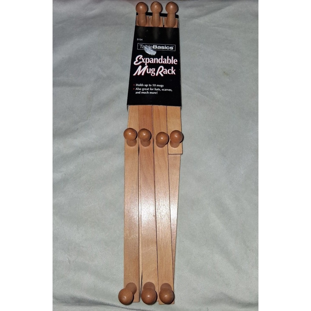 TableBasics Expandable Wooden Mug Rack Wall Mount Holds 10 Mugs New